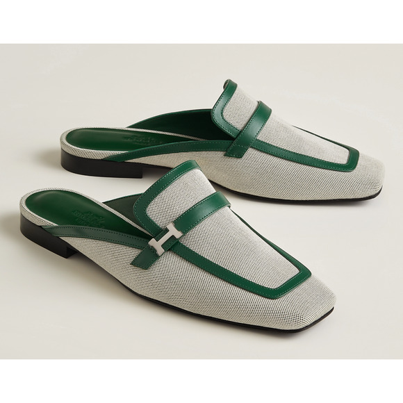 Hermes Groupie Mule Cactus Green Leather Canvas Backless Mule Slide Flat 37 - Picture 1 of 12